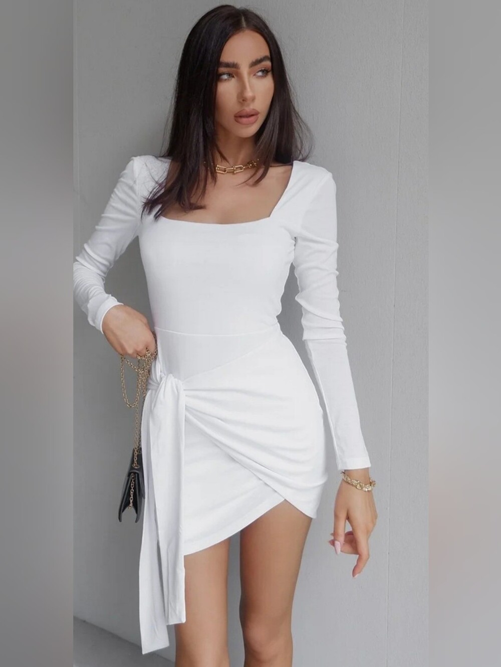 NWT Runaway The Label Safiya White Square Neck Long Sleeve Side Tie Mini Dress U - Picture 2 of 10